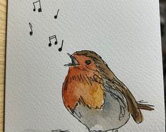 a drawing of a bird with musical notes coming out of its beak