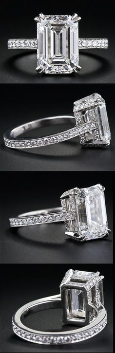 three different views of an engagement ring with diamonds on each side and the other side