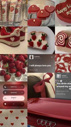 a collage of pictures with hearts and cakes on them, including strawberries in the shape of heart