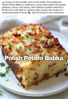 a white plate topped with a slice of potato bake