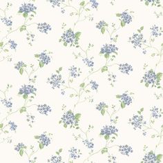 blue flowers and green leaves are on a white wallpaper with an off - white background