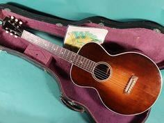 an acoustic guitar in its case on a blue background