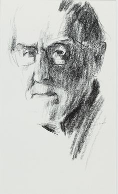 a black and white drawing of a man with glasses looking off to the right side