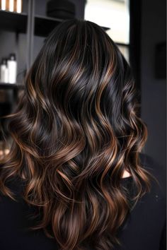 31 Gorgeous Dark Brown Hair Color Ideas To Try In 2024 - The Hairstyle Edit Chocolate Brown Hair Caramel Balayage, Golden Hair Highlights On Black Hair, Golden Black Hair Color, Medium Dark Brown Hair With Money Piece, Dark Brown Hair With Chestnut Balayage, Two Tone Highlights For Dark Hair, Deep Brown With Caramel Highlights, Chestnut Balayage On Dark Hair, Golden Highlights Black Hair