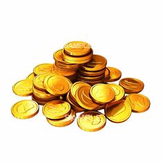 a pile of gold coins sitting on top of each other in front of a white background