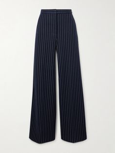 Max Mara takes a sophisticated, less-is-more approach to design – it's why its pieces are so timeless. Cut from pinstriped cotton, cashmere and silk-blend, these 'Benito' pants sit high on the waist and fall to wide legs that pool on the floor if you're wearing flats. Pinstripe Vest, Nye Outfits, Womens Wide Leg Pants, Model Outfits, Fantasy Gowns, Looks Chic, Pants Design, Wide Legs, On The Floor