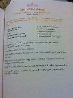 an open book with instructions on how to cook chicken nuggets and other ingredients