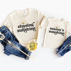 Chasing Sunshine and Mama's Sunshine Shirt, Mommys and Me Shirt, Toddler Shirt, Mom Gift, Toddler or Youth Sweatshirt,Mother's Day Gift HOW TO ORDER 1- Check the size and color charts to find the perfect fit. 2- Choose the item style and size from the first dropdown menu. 3- Pick the clothing color from the second dropdown menu. 4- (Some listings only) If available, fill in the "Add your personalization" section following the example provided. 5- Select the quantity. 6- Click the "Add to Cart" b Cricut Sweaters, Mama And Mini Shirt, Son Clothes, Sunshine Shirt, Cricut Inspiration, Mommy And Me Shirt, Trendy Mom, Kids Set, Mothers Day Shirts