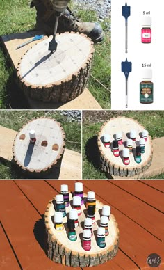 there is a wooden table with paint bottles on it