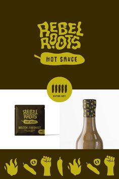 the label for rebel roots hot sauce is shown next to an image of a bottle