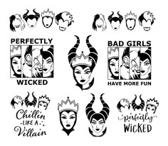 various disney villain faces and their names on white paper with black ink, including the malefi