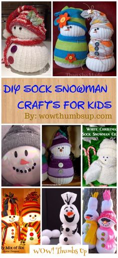 snowman crafts for kids with text overlay that reads, diy sock snowman crafts for kids