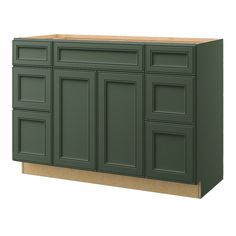 a green cabinet with several doors and drawers on the bottom, in front of a white background