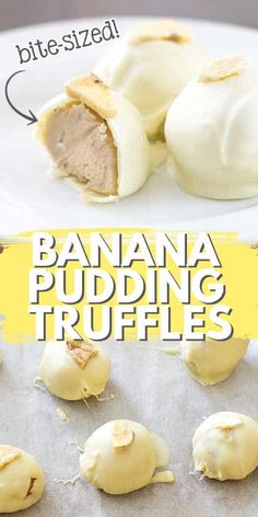 banana pudding truffles on a white plate with the words, bite - sized