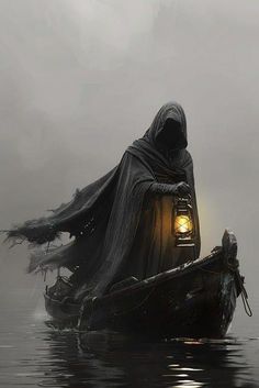 a person in a boat with a lantern on it's head and a black cloak over their face