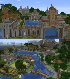 two different views of the same city in minecraft, one is an old bridge