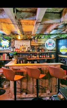 a bar with stools and bottles on the shelves