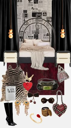 a collage of black and white items including a bed, sunglasses, purses