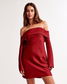 Flattering long-sleeve mini dress in our sleek high shine satin fabric and body-skimming silhouette, featuring flattering off-the-shoulder detail. Cherry Coded, Pinterest Predicts, Wedding Dresses Taffeta, 2025 Trends, Cherry Color, Abercrombie And Fitch Dresses, 19th Birthday, Pinterest Closet, Satin Mini Dress