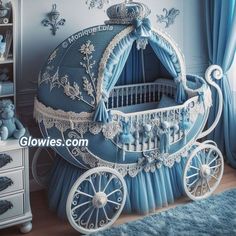 a baby's carriage bed with blue curtains and lace trimmings on it