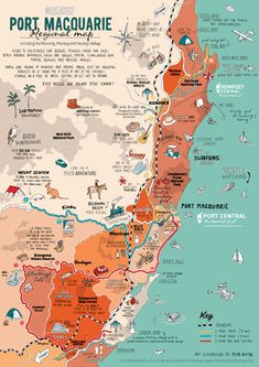 a map of the port macquaie region, with all its major cities and towns