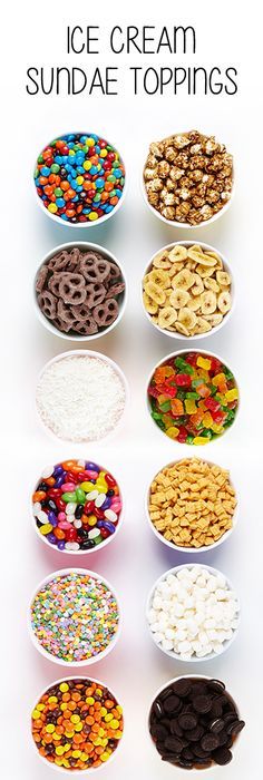 an ice cream sundae toppings poster with different kinds of candies in bowls