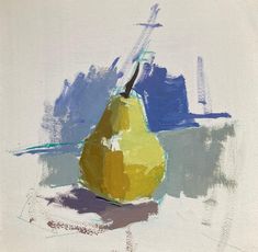 a painting of a yellow pear on a white background