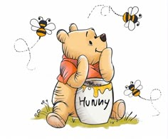 a drawing of a winnie the pooh holding a honey jar with bees around it