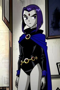 an animated image of a woman dressed in black with purple hair and wearing a blue cape