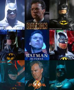 the many faces of batman characters in different movies and tv series costumes, from left to right