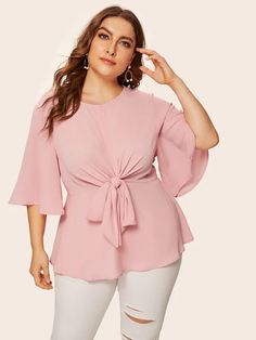 Flare Blouse, Knot Front Top, Fitted Blouses, Pink Pastel, Flounce Sleeve, Dressy Tops, Shein Style, Solid Tops, Plus Size Blouses