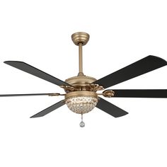 a gold ceiling fan with crystal chandelier