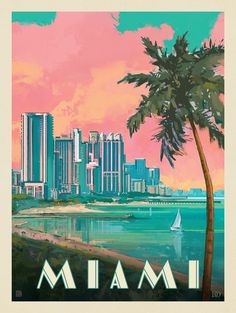 an image of a city skyline with the word miami on it and a palm tree