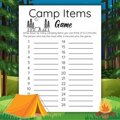 a camp items game with tent and fire