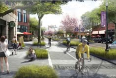 an artist's rendering of people walking and riding bikes on a city street with trees