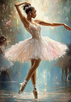 a painting of a ballerina dancer in pink tutu and white dress with her arms outstretched