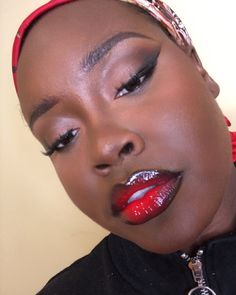 Neutral Makeup With Red Lips, Red Lip Dark Liner, Makeup With Burgundy Hair, Black Lip Liner Red Lipstick, Red Lip Smokey Eye Makeup Look, Smokey Eye Red Lip Makeup, Red And Black Lips, Red Smokey Eye Makeup, Red Ombre Lips