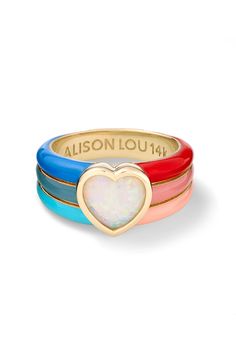 Show your love with this funky and groovy statement. Features a heart-shaped opal with multicolor enamel. Jewelry Logo Inspiration, Unique Ring Designs, Jewelry Logo Design, Funky Rings, Alison Lou, Jewelry Logo, Stack Ring, Shine Bright Like A Diamond, Heart Logo