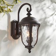 an outdoor wall light with two lights on it's side and green leaves hanging from the back