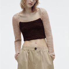 Genuine Zara New With Tag Material: 45% Acrylic, 35% Polyamide, 12% Wool Color: Cream/ Brown Unique Knit Cropped Top With Crochet Sleeves And Shearling Details. Looks Great With Wide Leg Pants, Keeps You Surprisingly Warm Chic Textured Crochet Top For Fall, Chic Cropped Beige Sweater, Chic Beige Cropped Sweater, Beige Cropped Knit Top, Chic Winter Crochet Knit Top, Chic Knit Crochet Top For Winter, Chic Beige Soft Knit Top, Chic Beige Knit Crochet Top, Cozy Beige Knit Top For Spring