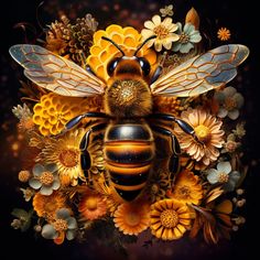 a painting of a bee surrounded by flowers