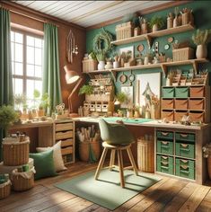 a room filled with lots of green furniture and plants on top of wooden flooring