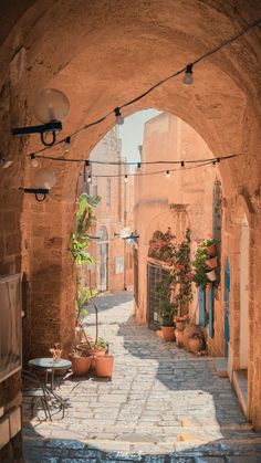 an alleyway with potted plants and chairs on either side, surrounded by cobblestone streets