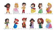 the disney princess figurines are all lined up in different positions and sizes,