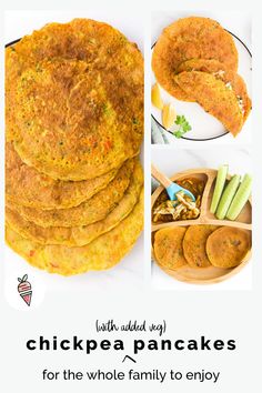 chicken pancakes are stacked on top of each other with the words chickpea pancakes for the whole family to enjoy