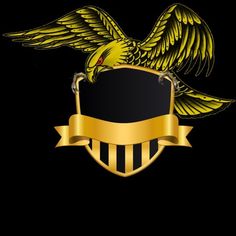 a black and yellow emblem with a bird on it's wings, holding a shield