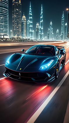 a blue sports car driving down the road in front of some tall buildings at night