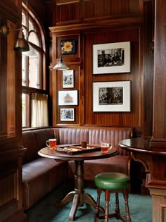 : Character Oak top with solid beech frame on solid beech turned base with low stool and green pie crust top in the corner booth of a pub Pub Interior Design, Green Pie, Pub Furniture, Pub Interior, Bg Design, Bar Interior Design, Table Bistrot, London Pubs