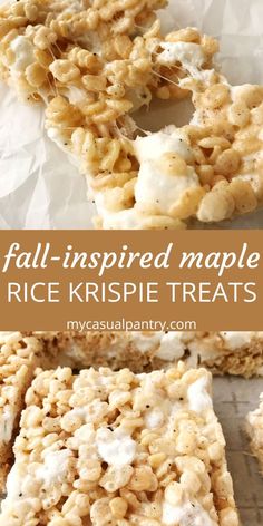 some kind of rice krispie treats with white frosting on top and the words, fall - inspired maple rice krispies treats