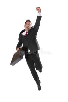 a man in a suit jumping up into the air with his arms wide open and holding a briefcase